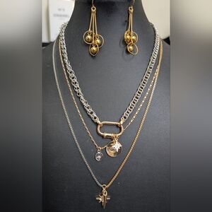 #11. TRENDING ! MIXED  METALS Gold and Silver Layered Necklace and Earring Set